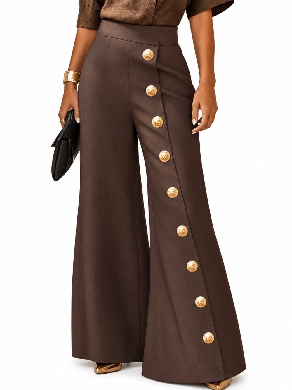 Walks gold button brown wide leg